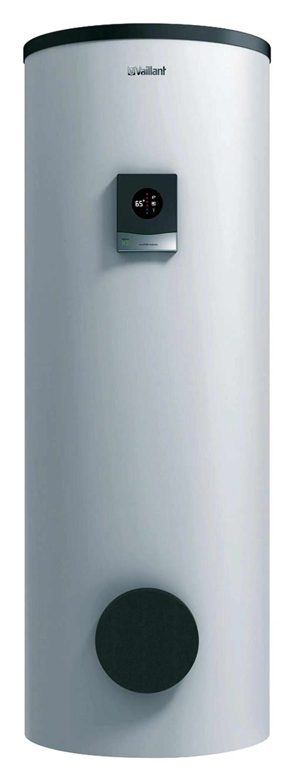Vaillant-Warmwasserspeicher in zylindrischer Form, standfest, mit digitaler Steuerungseinheit und Temperaturanzeige auf der Vorderseite.